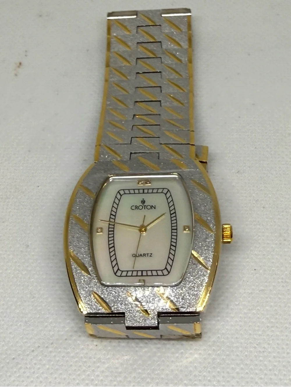 Croton Two-Tone Gold and Silver Rectangular Mother-of-Pearl CZ Diamonds Watch